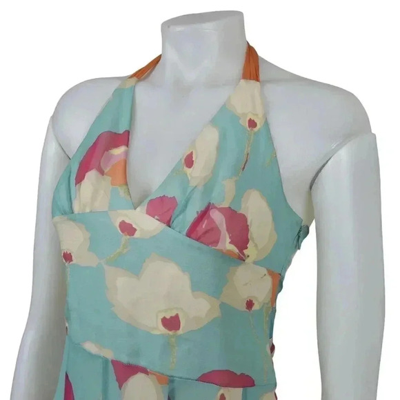 Bcbg Max Azria Silk Floral Halter  Dress Turquoise Orange Size 8 - Picture 4 of 13